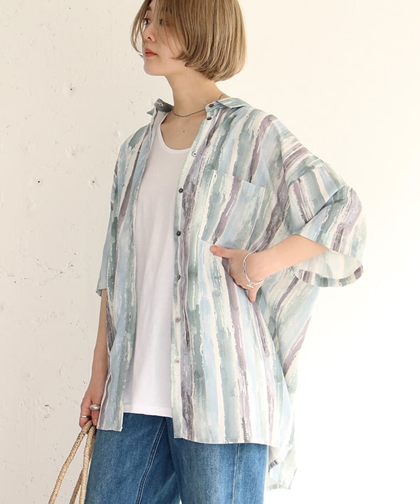 ストライププリントハンソデシャツ