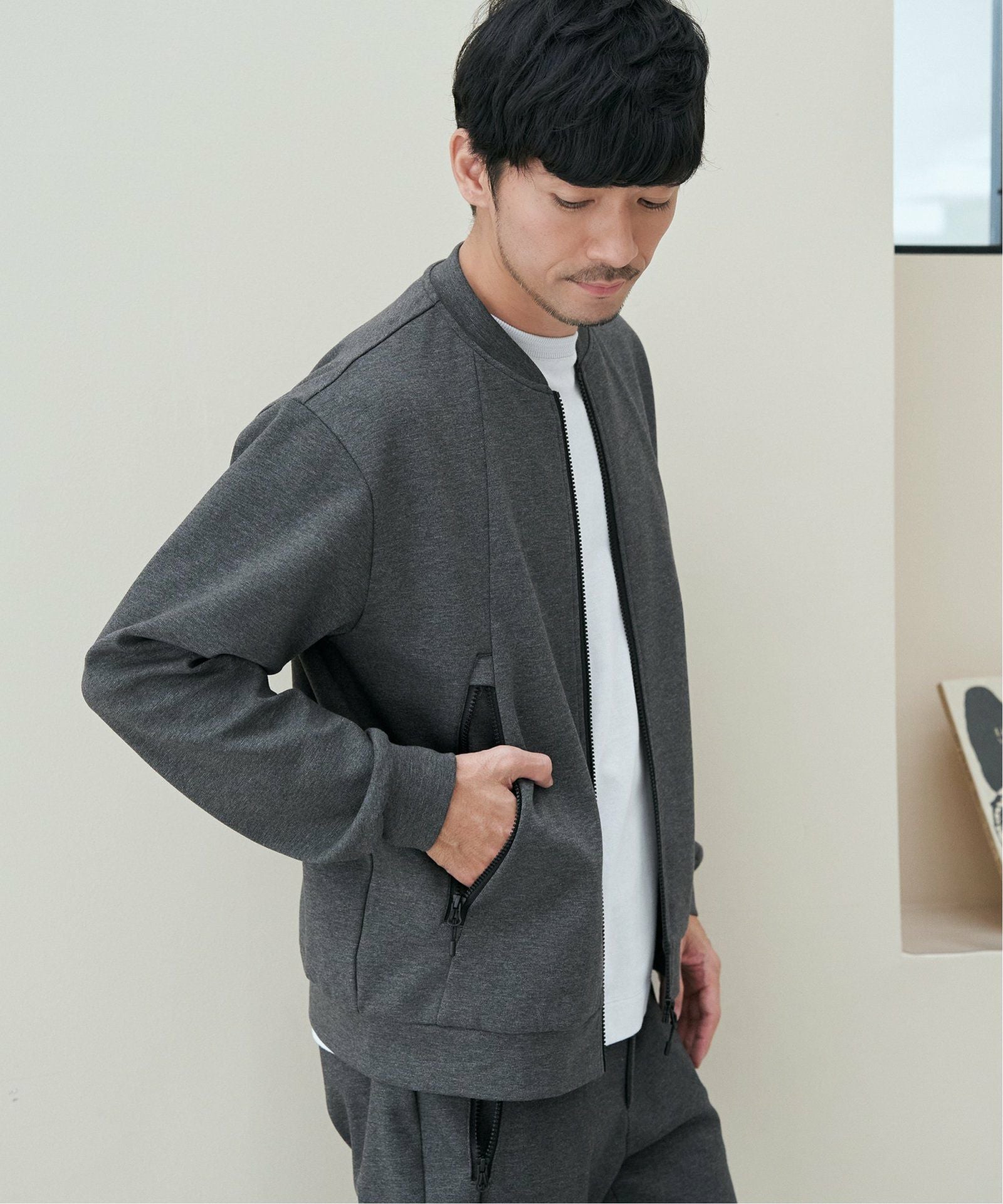 セットアップ対応】テックストレッチジップポケットカーディガン,ikka