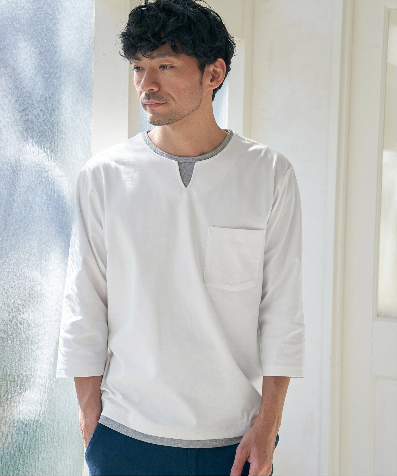 接触冷感／抗菌防臭】GOKU楽セイケツ7分袖キーネックTシャツ,60%OFF