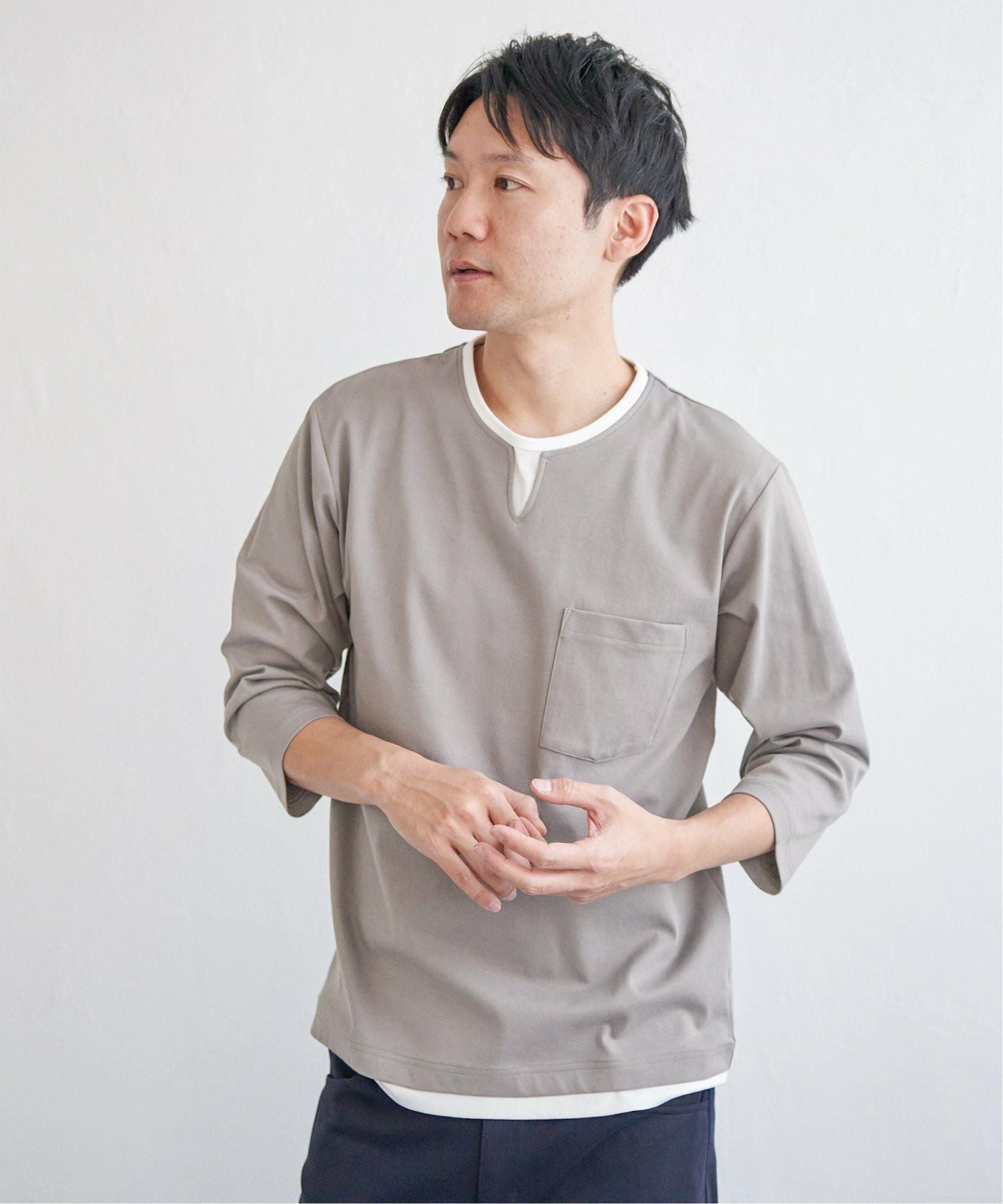接触冷感／抗菌防臭】GOKU楽セイケツ7分袖キーネックTシャツ,60%OFF
