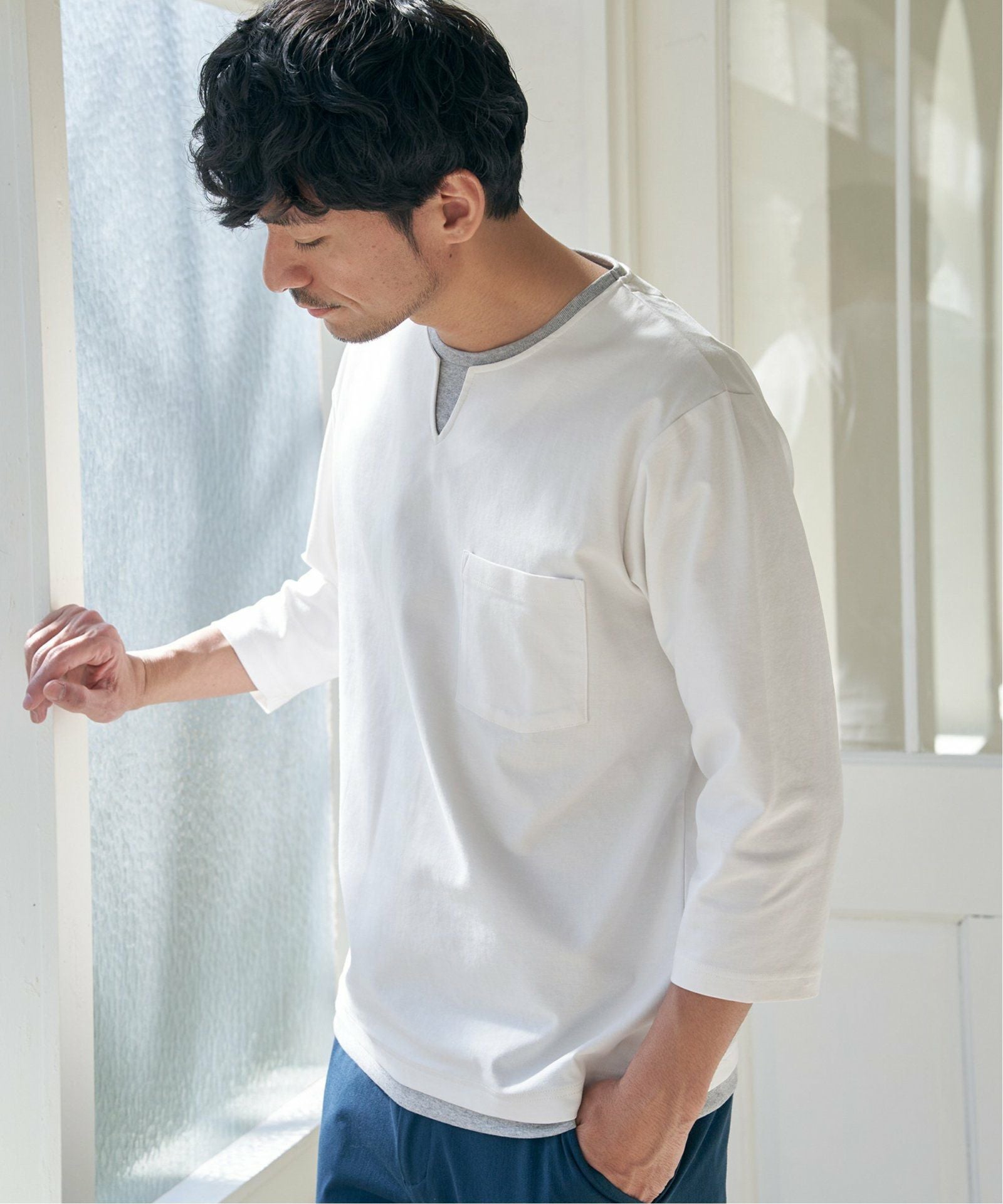 接触冷感／抗菌防臭】GOKU楽セイケツ7分袖キーネックTシャツ,60%OFF
