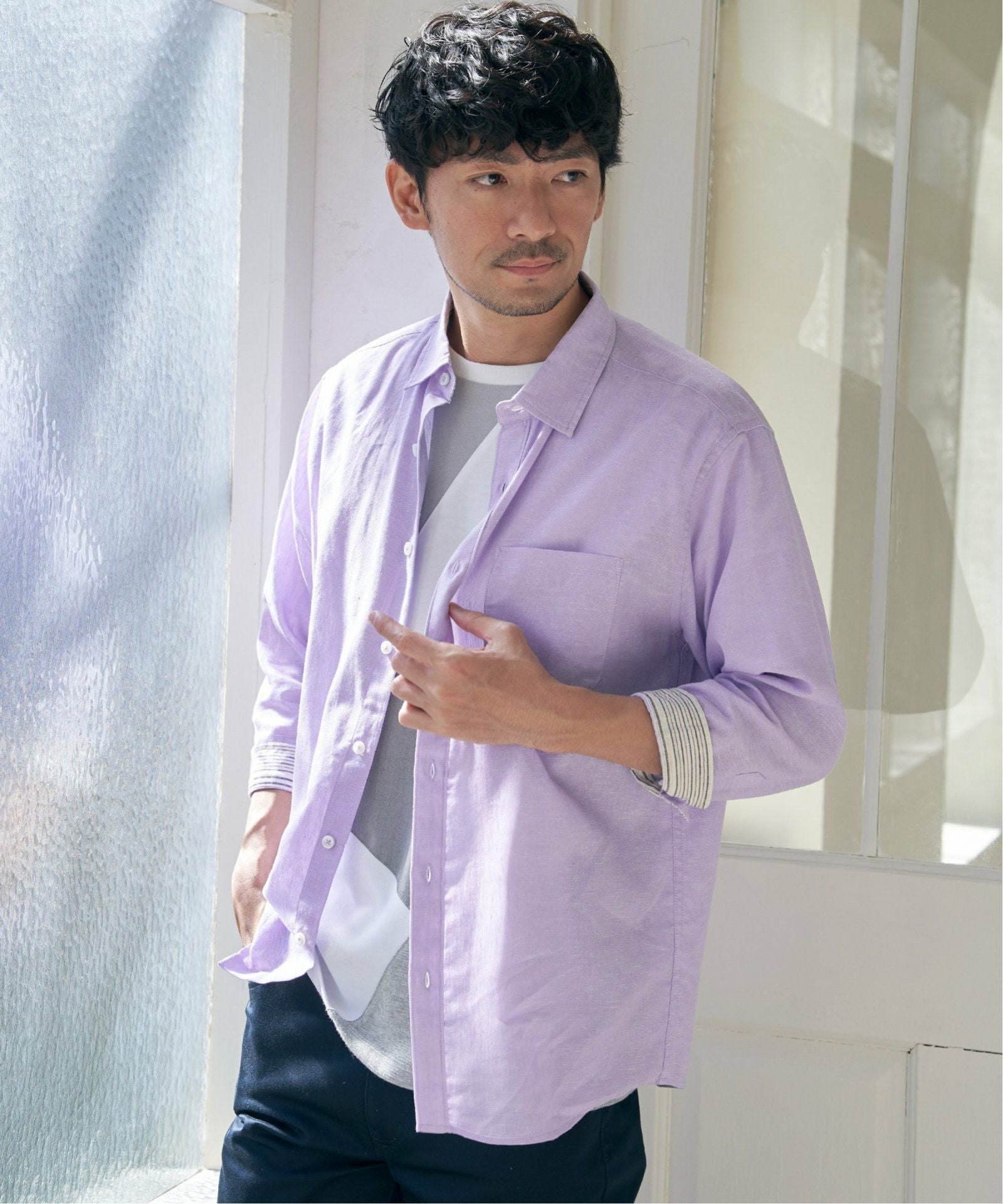 吸水速乾】7分フレンチリネンMIX無地シャツ,ikka| TOKYO DESIGN CHANNEL