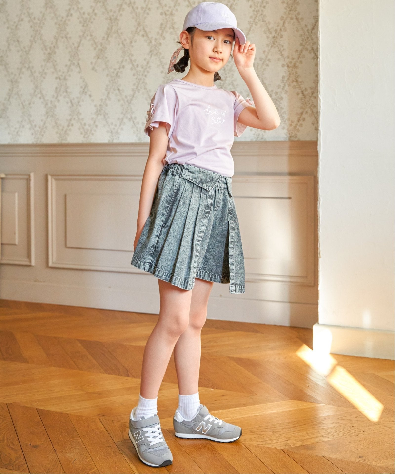 秋冬シンプルミニキュロット❤️デート女子会お出かけに最適 ウォッシュデニムダブルラップキュロット（120~160cm）,ikka| TOKYO
