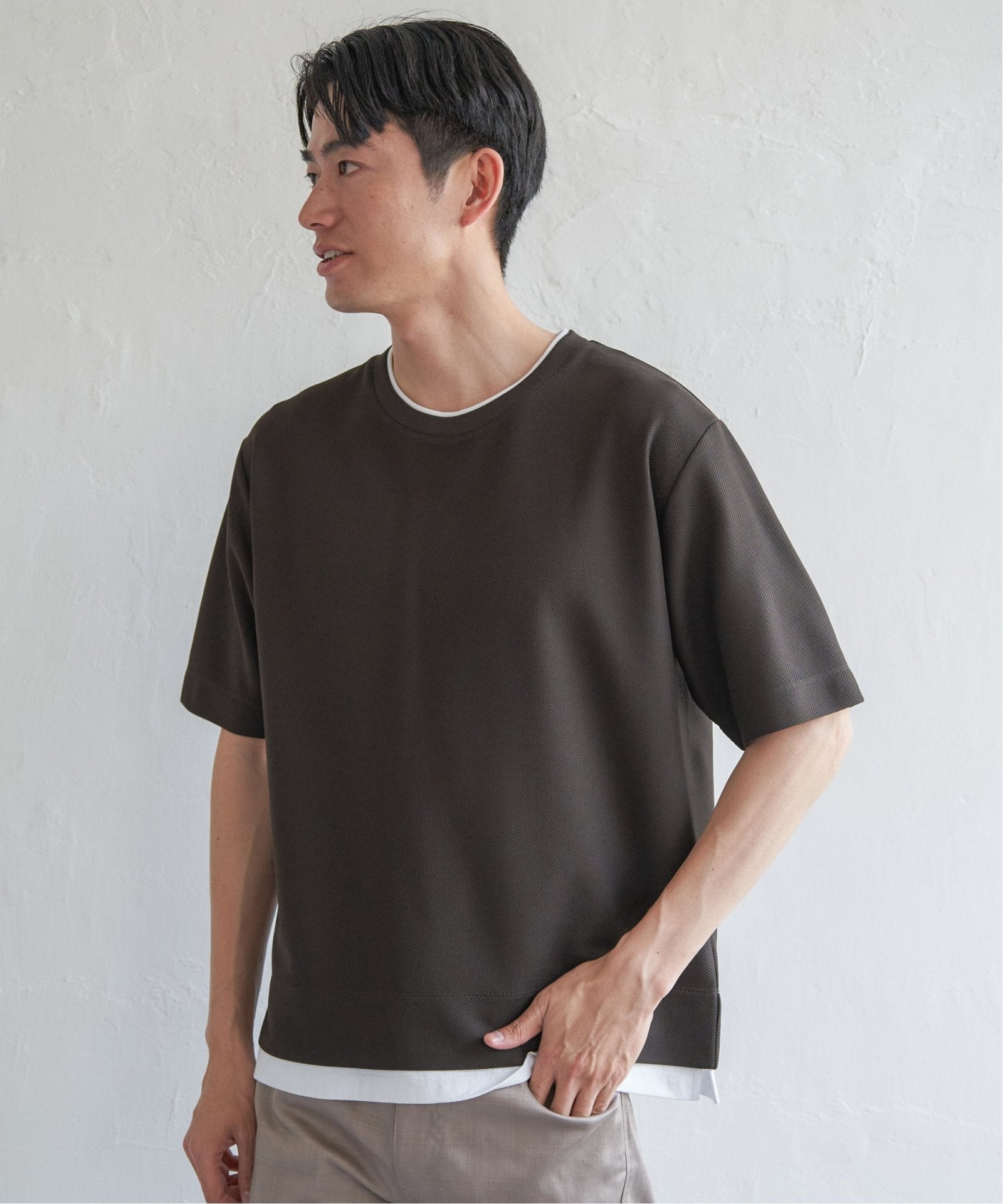 吸水速乾】ドライ鹿の子レイヤードTシャツ5分袖,ikka| TOKYO DESIGN
