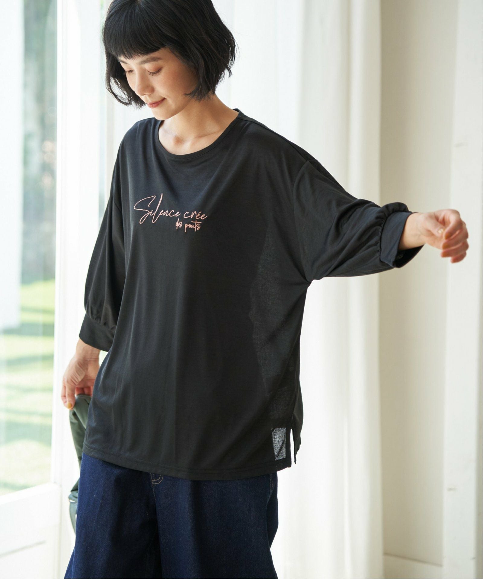 シアーロゴ刺繍7分袖Tシャツ,LBC| TOKYO DESIGN CHANNEL