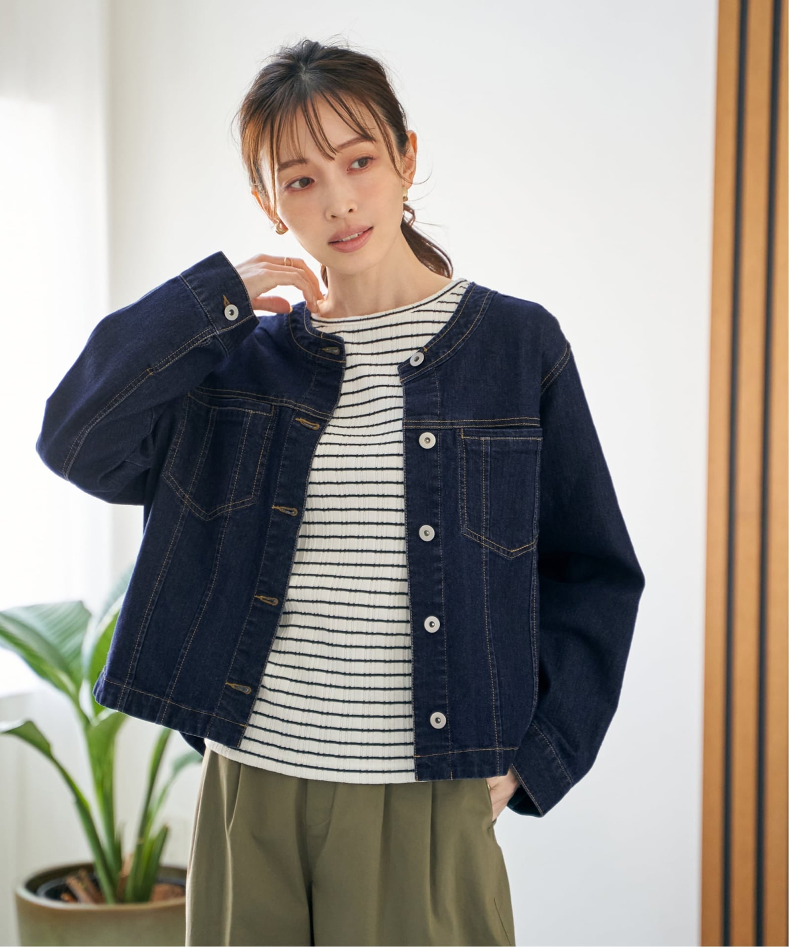 ストレッチデニムノーカラーシャウター【親子コーデ】,ikka| TOKYO