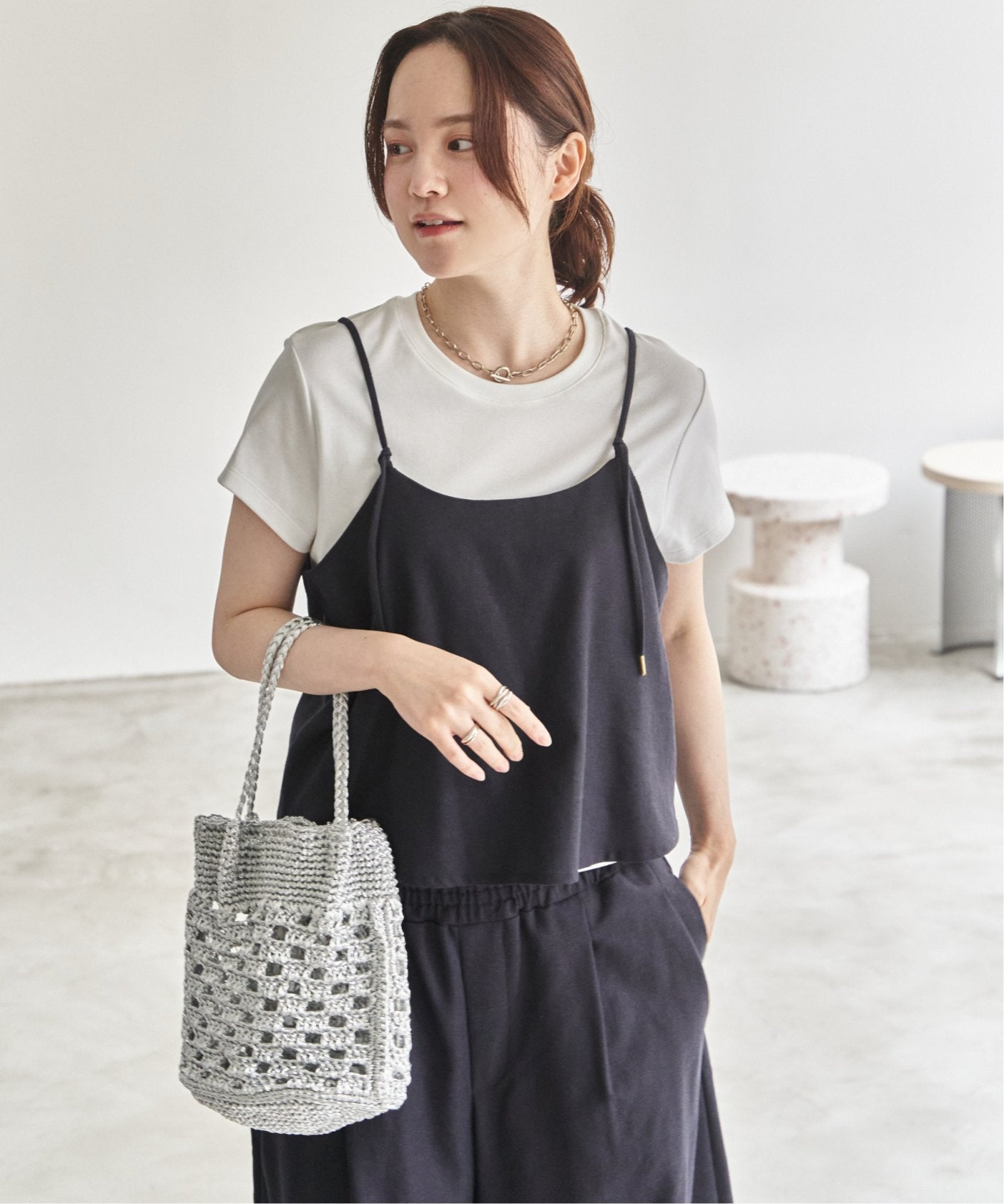 45R リネンヘリンボンのキャミ 2点セット】リネン混リボンキャミパンツセット,LBC| TOKYO DESIGN CHANNEL