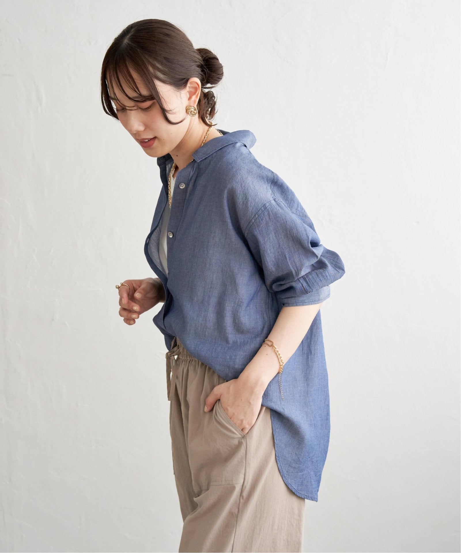 シアーデニム7分袖シャツ,ikka| TOKYO DESIGN CHANNEL