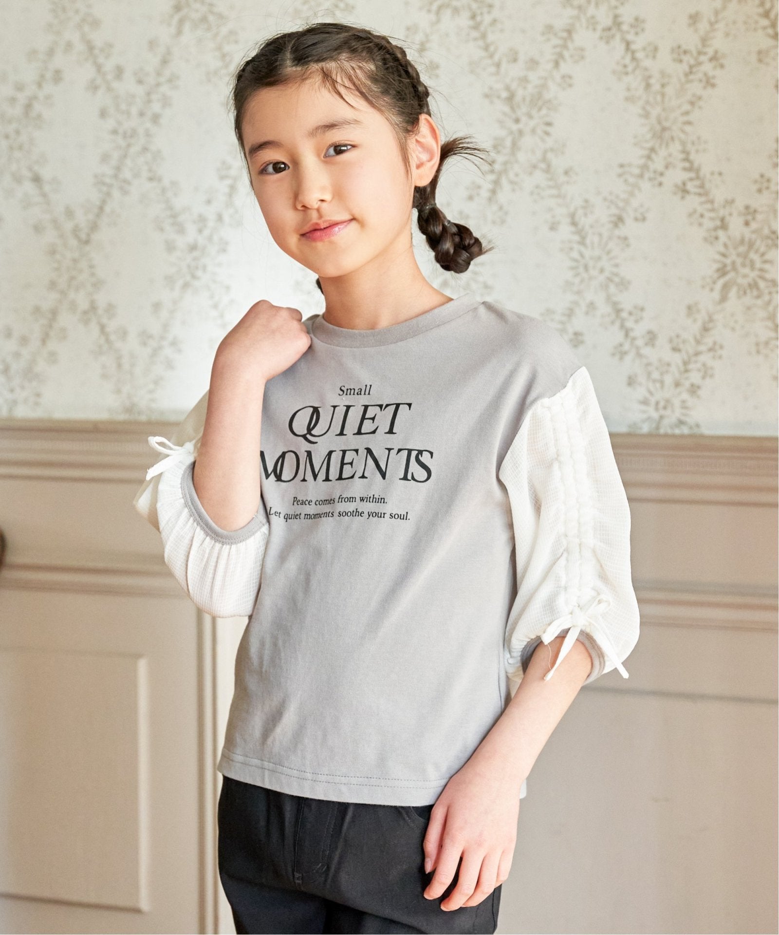 袖布帛シャーリング7分Tシャツ（120~160cm）,ikka| TOKYO DESIGN CHANNEL