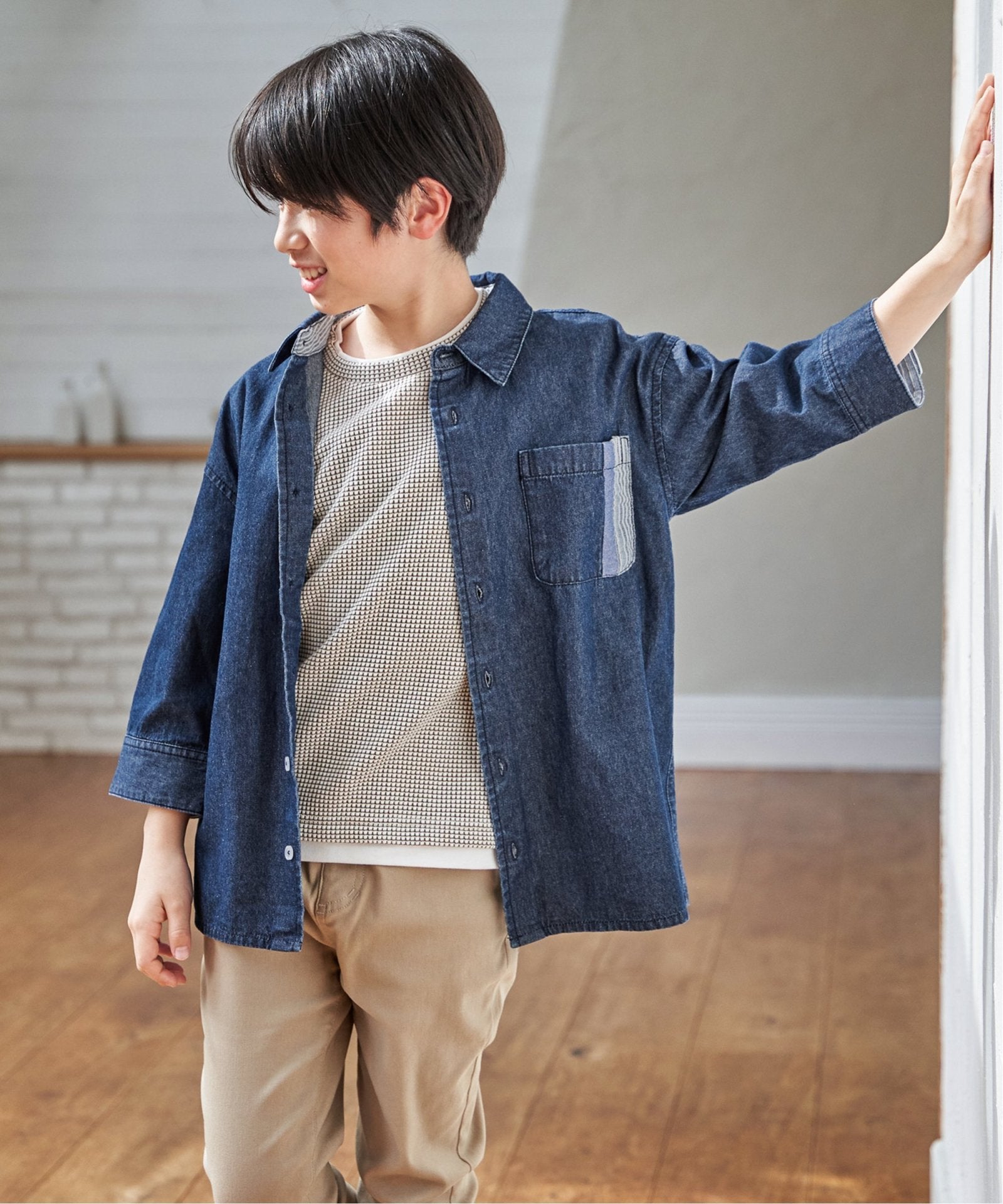 親子コーデ】リネンライク7分袖2WAYシャツ（110~160cm）,ikka| TOKYO