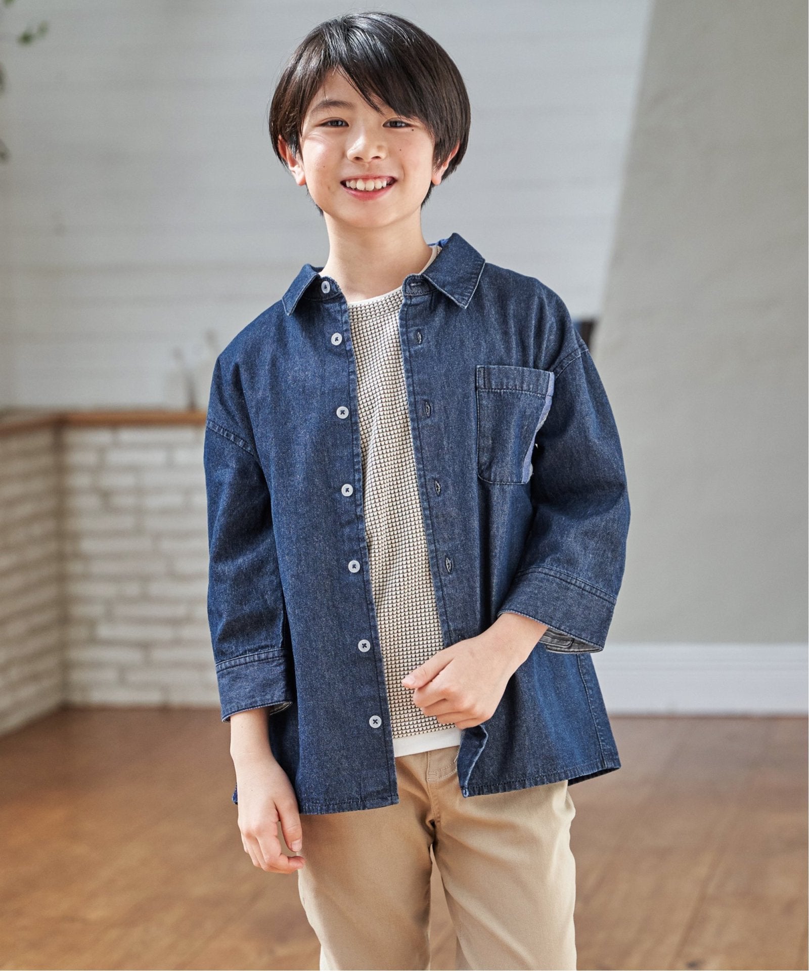 親子コーデ】リネンライク7分袖2WAYシャツ（110~160cm）,ikka| TOKYO