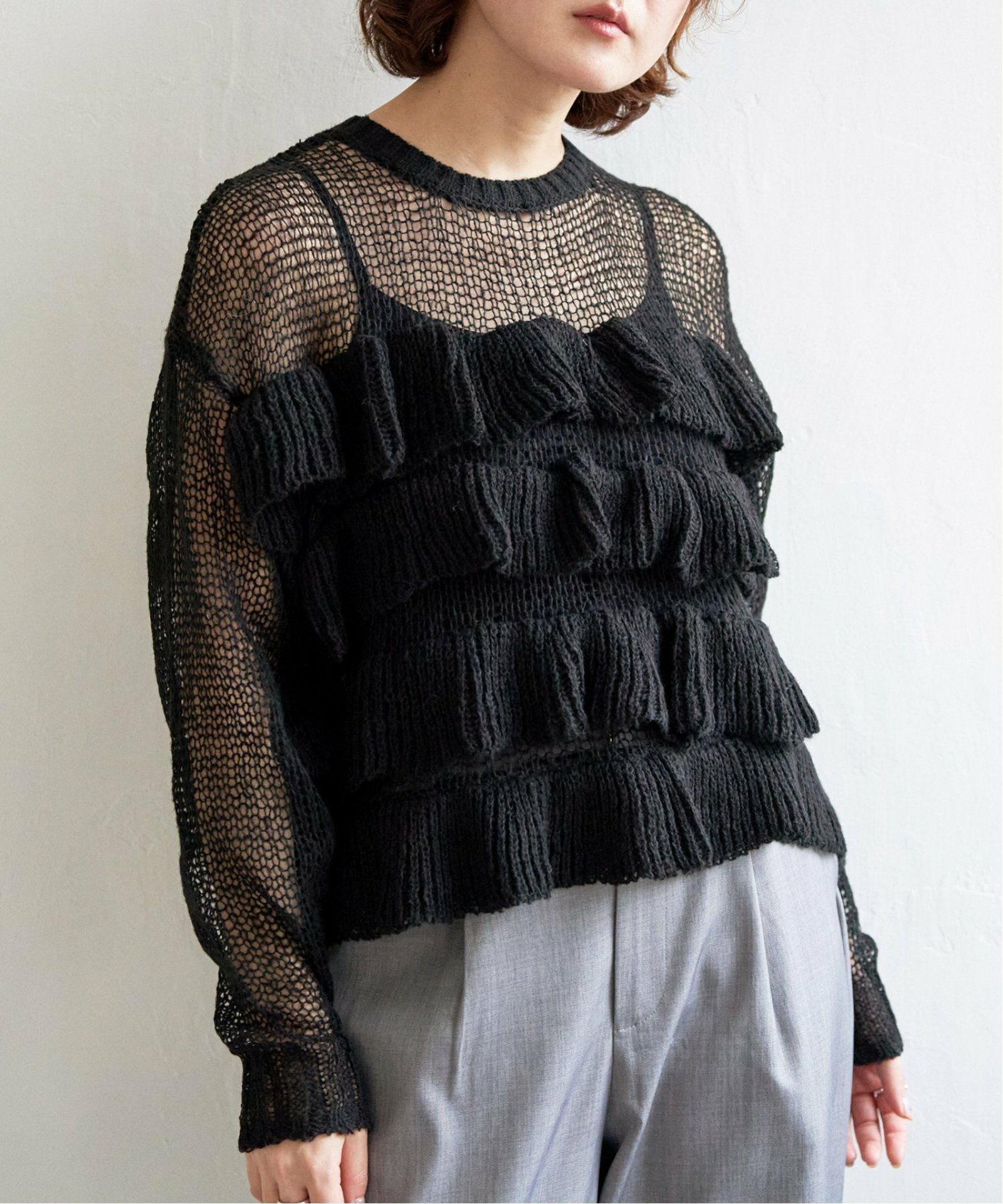 フリルプルオーバー ニット 黒 透かし編みフリルプルオーバーニット,60%OFF| TOKYO DESIGN CHANNEL