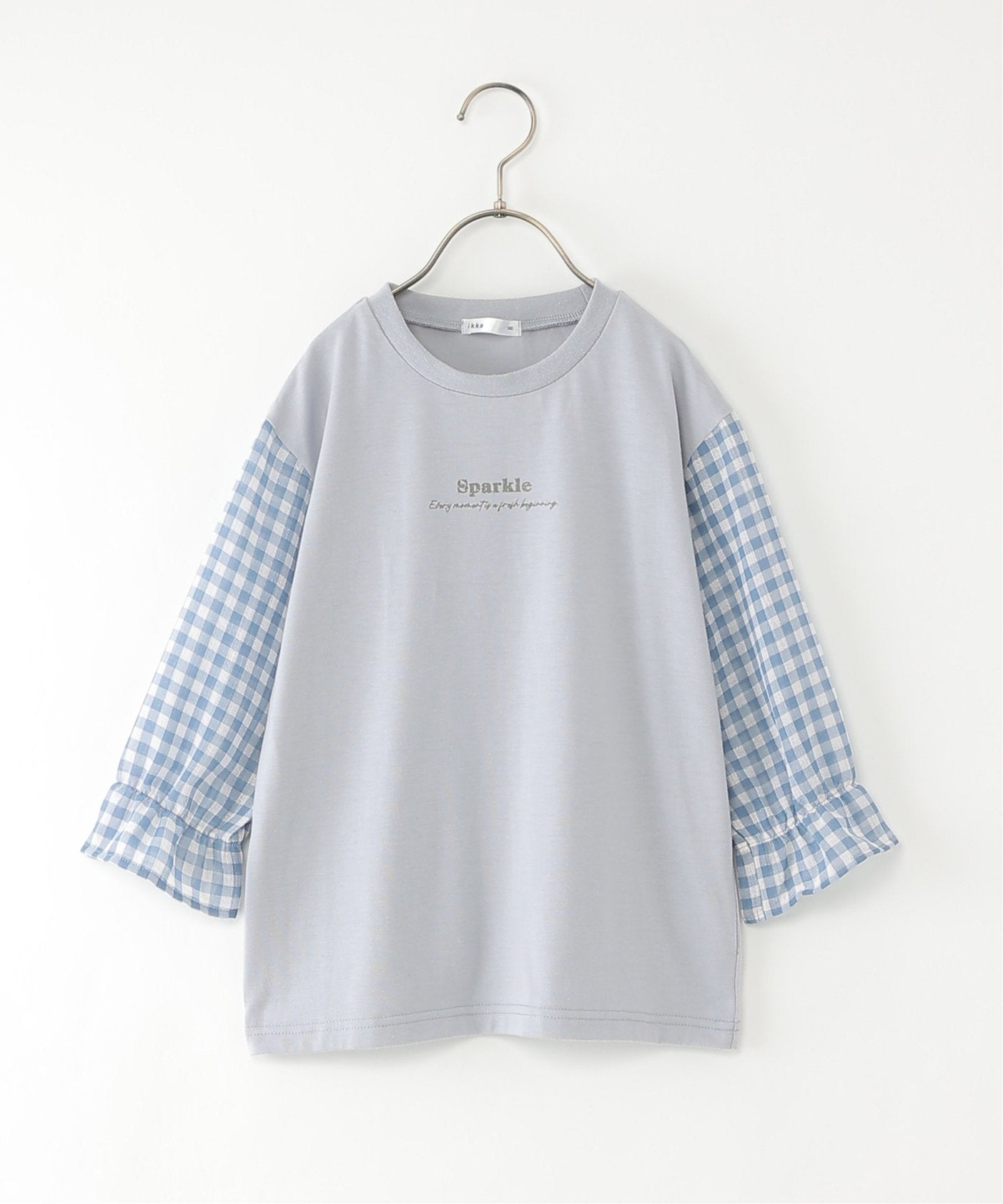 シアギンガムチェック七分袖ロゴTシャツ（120~160cm）,ikka| TOKYO