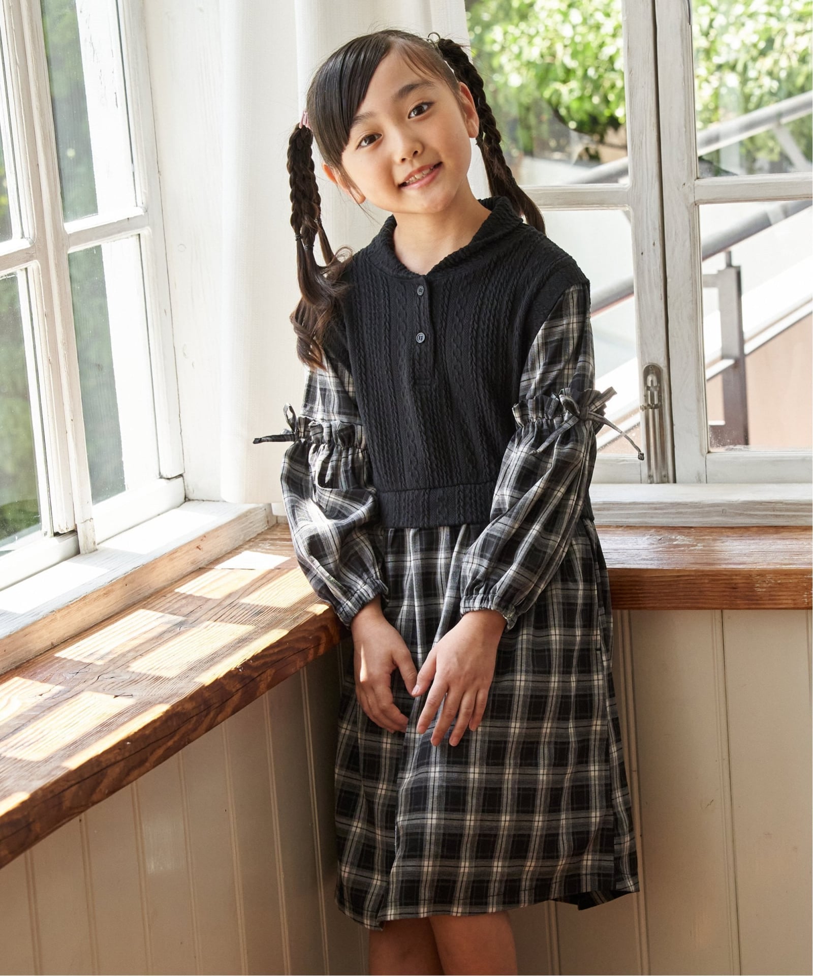 ショールベストレイヤーチェックワンピース（120~160cm）,ikka| TOKYO