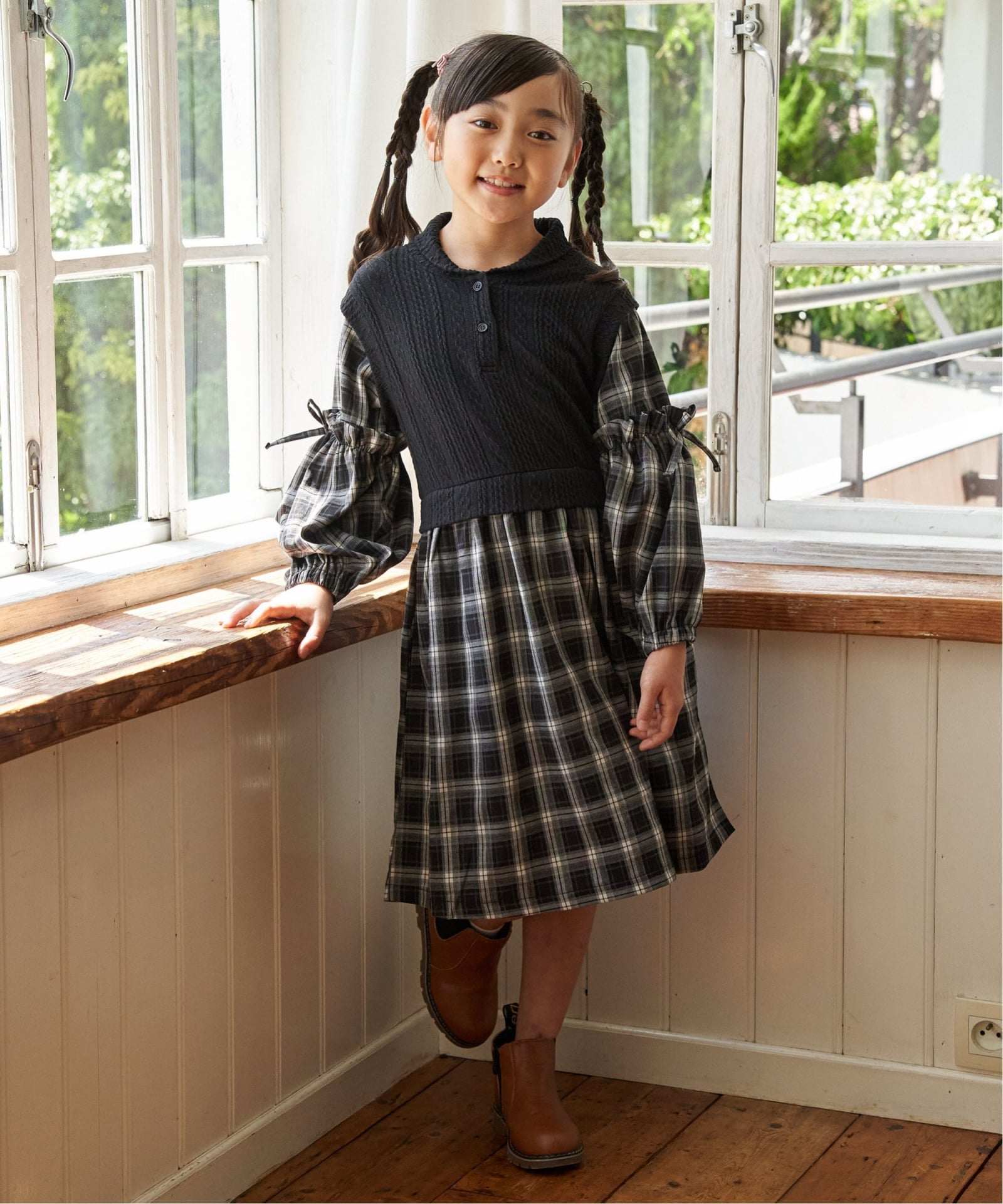 ショールベストレイヤーチェックワンピース（120~160cm）,ikka| TOKYO