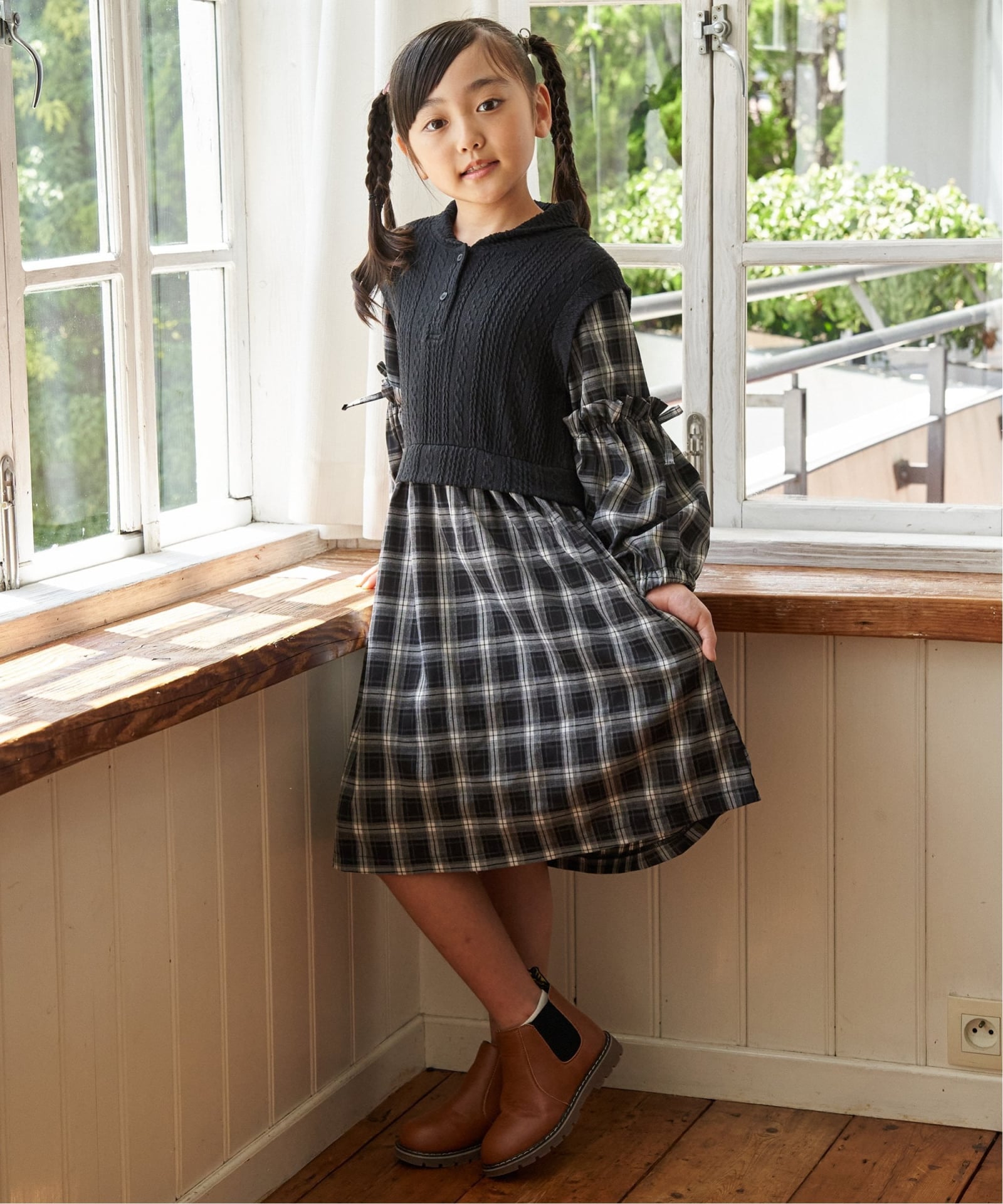 ショールベストレイヤーチェックワンピース（120~160cm）,ikka| TOKYO