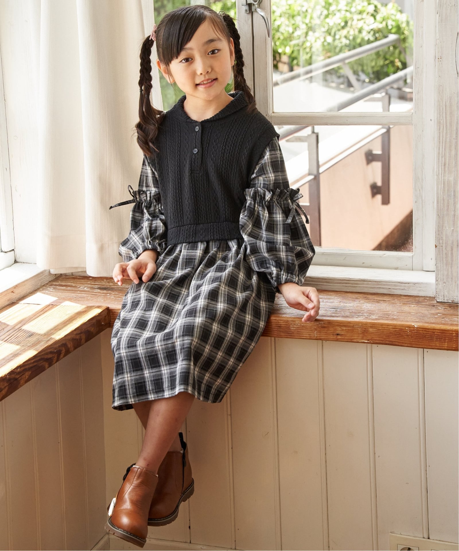 ショールベストレイヤーチェックワンピース（120~160cm）,ikka| TOKYO