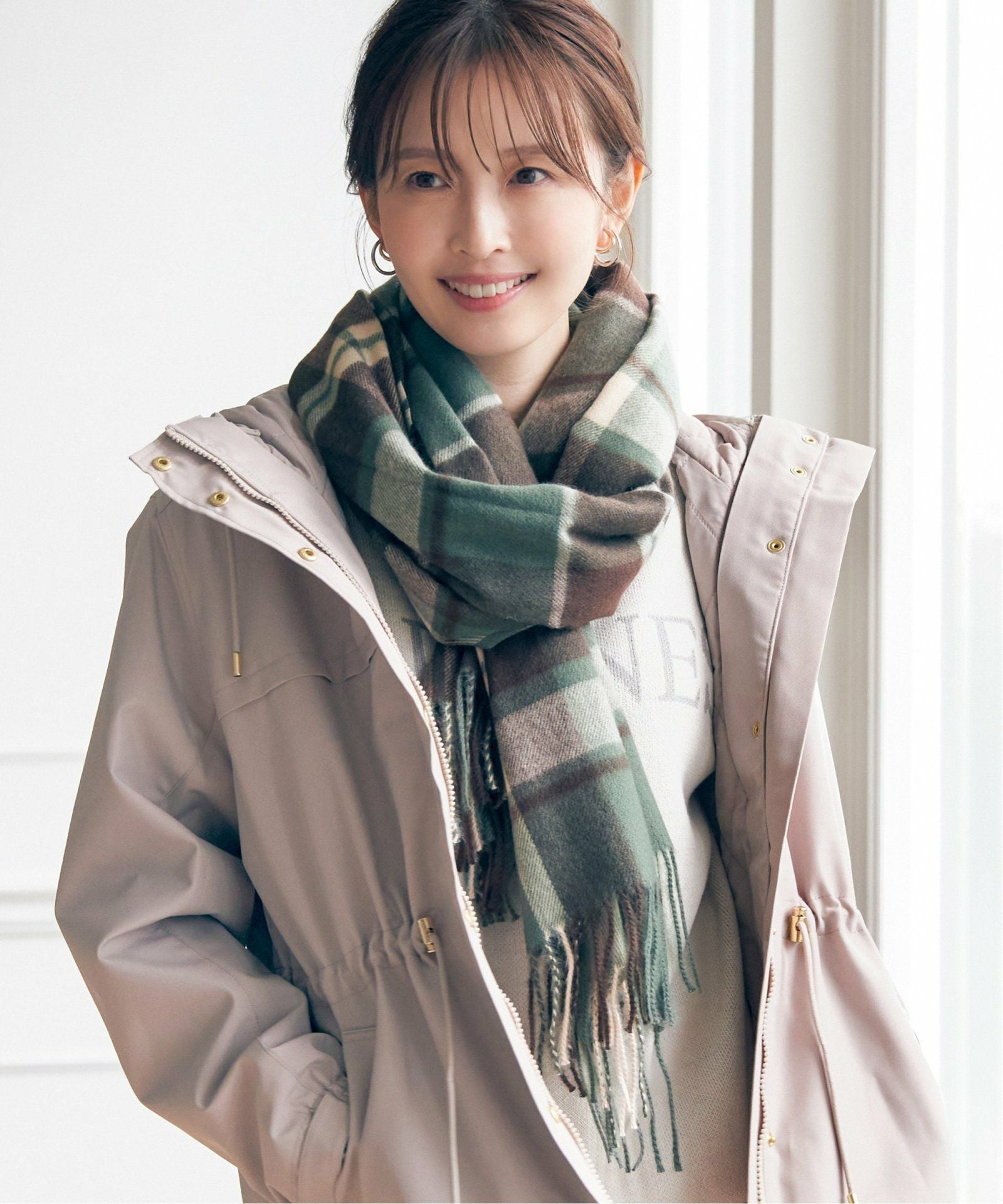 新品同様★ R&D.M.Co★シワ加工ガーゼ チェック マフラー麻コットンシルク R&D.M.Co- シワ加工 ガーゼ チェック マフラー ストール パープル